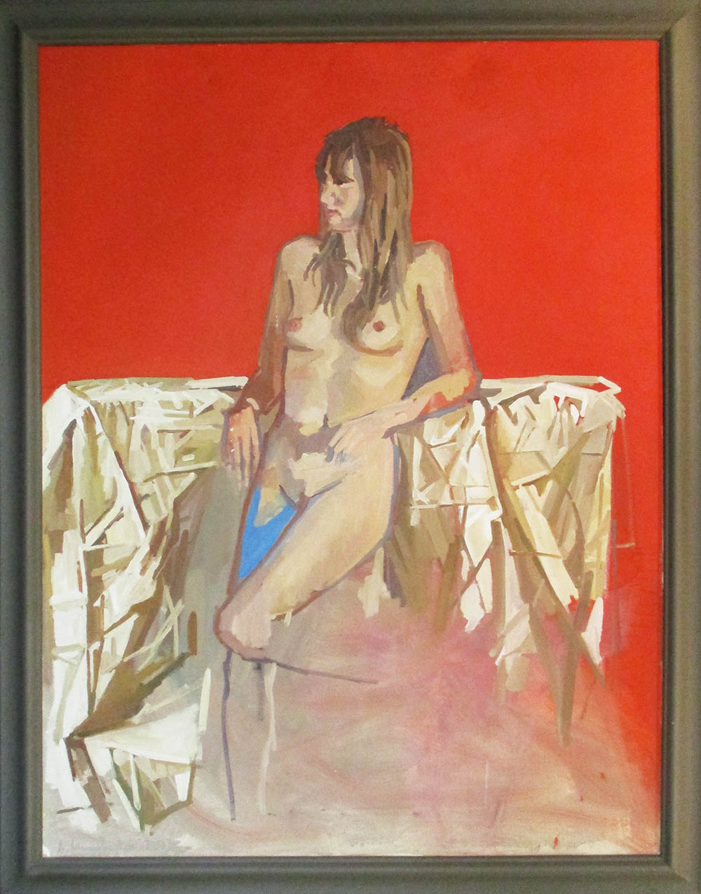 A CHAMBERLIN, 'Leaning nude', oil on canvas, signed and dated 2013 lower left, 149cm x 113cm,