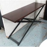 CONSOLE TABLE, in wood on folding X framed support, 152cm x 45cm x 78cm H.