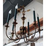 HANGING LIGHT, Empire style, six branch brass with arrow and laurel wreath decoration,