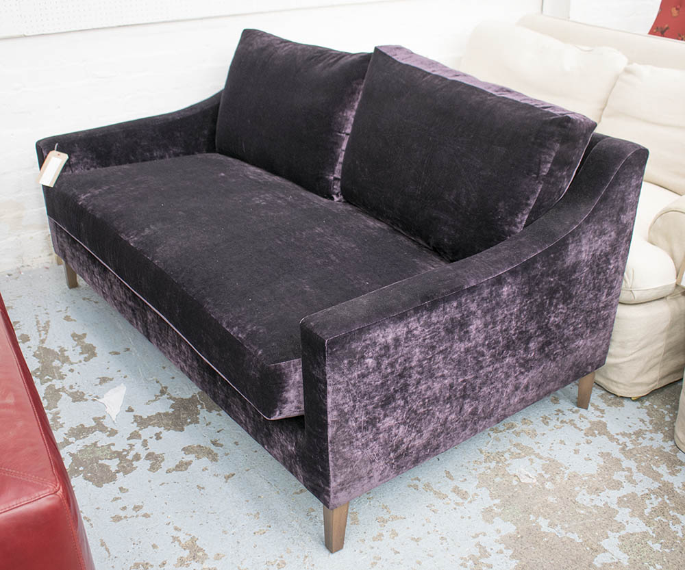 SOFA, two seater, with purple upholstery, 173cm L.