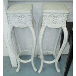 JARDINIERE STANDS, a pair, white painted with cabriole supports, each 38cm W x 38cm D x 103cm H.