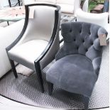 BEDROOM CHAIR, in silvered faux leather on ebonised supports,