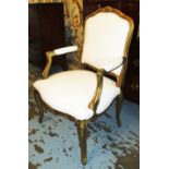 FAUTEUILS, a pair, 20th century French Louis XV style giltwood and vintage linen upholstery.