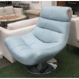 LOUNGE CHAIR, Contemporary, cerulean blue leather on chromed swivel base, 85cm W.