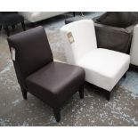 EASY CHAIRS, two, in leather, one cream the other brown, on square supports, 62cm W and 51cm W.