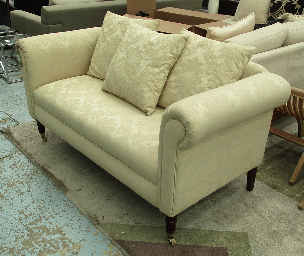 SOFA, of compact proportions, in cream damask, 76cm D x 157cm W x 80cm D.