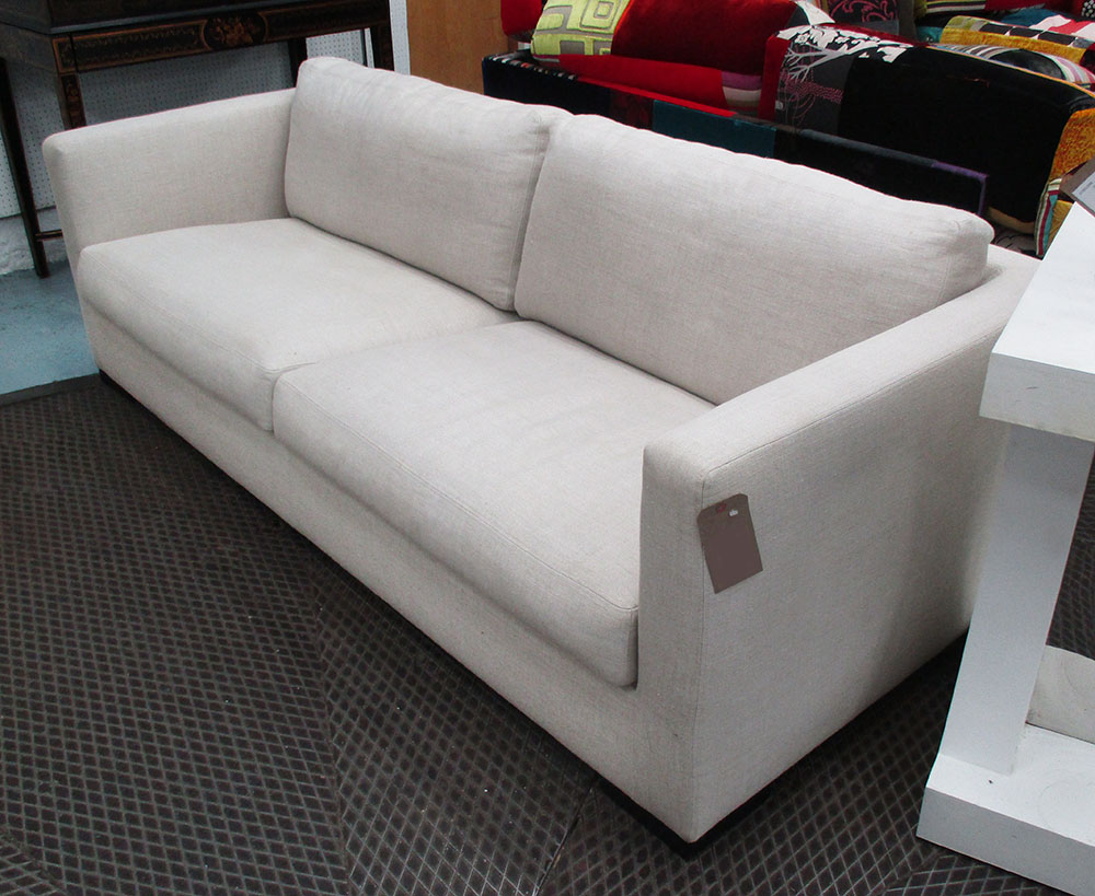 SOFA BY MERIDIANI, two seater, in neutral fabric on square supports, 213cm L.