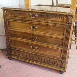 COMMODE, late 19th century French walnut with rouge marble top above four drawers,