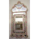 WALL MIRROR, Venetian Murano manner with etched border and pink glass flowers, 120cm H x 50cm.