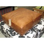 FOOTSTOOL, in tanned stitched leather, 67cm x 67cm x 30cm.