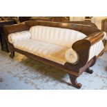SOFA, Biedermeier, mahogany, with carved detail and striped upholstery,