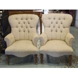 ARMCHAIRS, a pair, Contemporary button backed on turned supports with linen covers, 67cm x 90cm H.