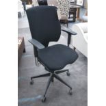 OFFICE CHAIR, in black fabric on swivel metal support, 83cm W.