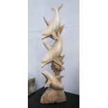 STATUE, three dolphins, carved in wood, 102cm H.