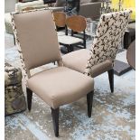 DINING CHAIRS, a set of four, high back, patterned upholstery to the backs, on square supports,