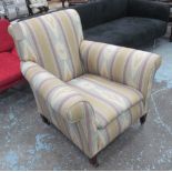 ARMCHAIR, in striped fabric on square castor supports, 97cm W.