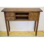 SIDE TABLE, contemporary elm of four drawers with recessed shelf on square supports,
