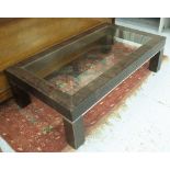 OCCASIONAL TABLE, with glass inset on a faux crocodile skin frame on square supports,