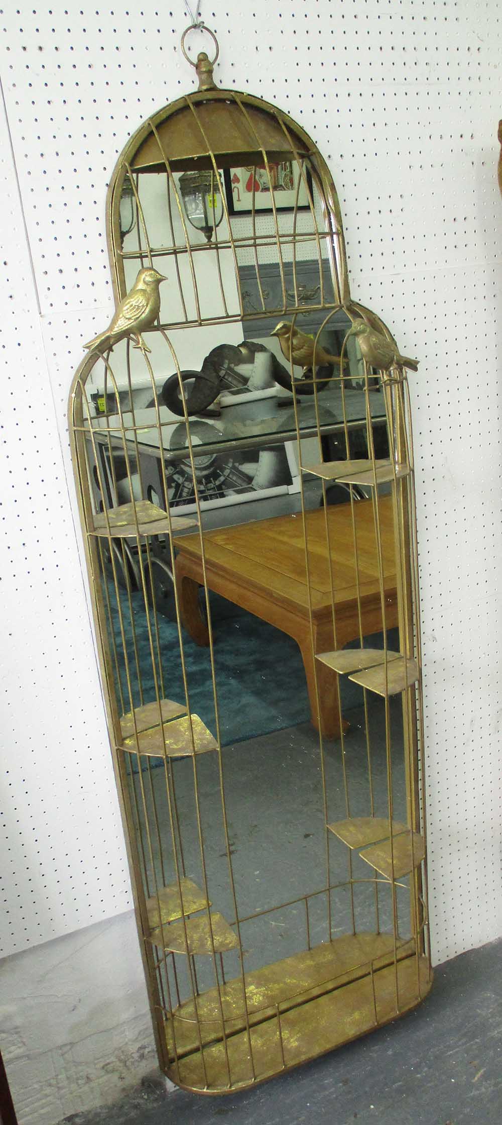BIRDCAGE MIRROR, in a gilded metal frame, 149cm x 52cm.