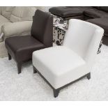 EASY CHAIRS, two, in leather, one cream the other brown, on square supports, 62cm W and 51cm W.