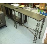 CONSOLE TABLES, a pair, with metal tops on chain link supports, 100cm x 30cm x 81cm H.
