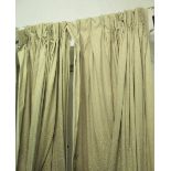 CURTAINS, a pair, in olive silk with a raised floral motif, each 148cm W gathered x 213cm L.
