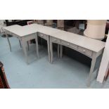 CONSOLE TABLES, three, each having three drawers with slender cabriole legs in a grey finish,