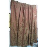 CURTAINS, three pairs, in woven claret and gold patterned damask,
