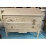 COMMODE, Italian grey painted, carved with two drawers, 180cm x 51cm x 8cm H.
