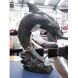 BRONZE DOLPHIN FIGURE, retro bronze art, polished finish, David Goöde inspired, 68cm H x 47cm L.