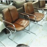 PIEFF DINING CHAIRS, a set of six armchairs, stitched faded tan leather and chrome supports.