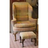 WING ARMCHAIR, early 20th century walnut in check fabric,