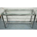 CONSOLE TABLE, rectangular glass on stepped silver plated square section supports,