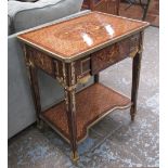 SIDE TABLE, Louis XV style with marquetry top, drawer below with brass mounts, 68cm x 47cm x 77cm H.