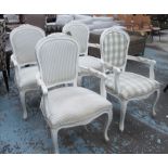 DINING CHAIRS, four, Swedish style, three with stripes, the other in plaid fabric, in cream finish,