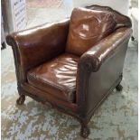 CLUB ARMCHAIRS, a pair, early 20th century leaf brown leather and brass studded, each with cushion.