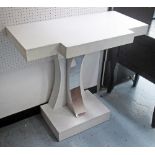 CONSOLE TABLE, white, of breakfront outline with curved polished metal supports,