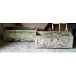 PLANTERS, a pair, composite stone of rectangular form, each 27cm H x 73cm W x 27cm D.