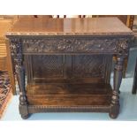 SIDE TABLE, late Victorian oak with carved frieze drawer above lion mask headed columns,