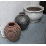 GARDEN POTS, three various, largest in cream glass 62cm diam x 45cm H with faults,