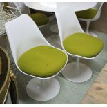 TULIP CHAIRS, a set of five, in white with green padded seats, on metal supports, 50cm W x 46cm D,