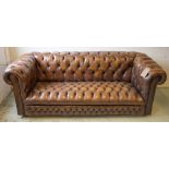 CHESTERFIELD SOFA, vintage buttoned leaf brown leather with deep curved back and arms, 201cm W.