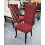 HALL CHAIRS, a pair, high backs in red fabric on square ebonised supports, 47cm W.