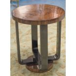 LAMP TABLE, Art Deco design burr walnut and ebonised, circular with converging supports,