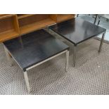 LAMP TABLES, a pair, 1970's square black laminated with square silvered metal supports,