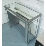 CONSOLE TABLE, rectangular silver and mirror clad with moulded top and slab supports,