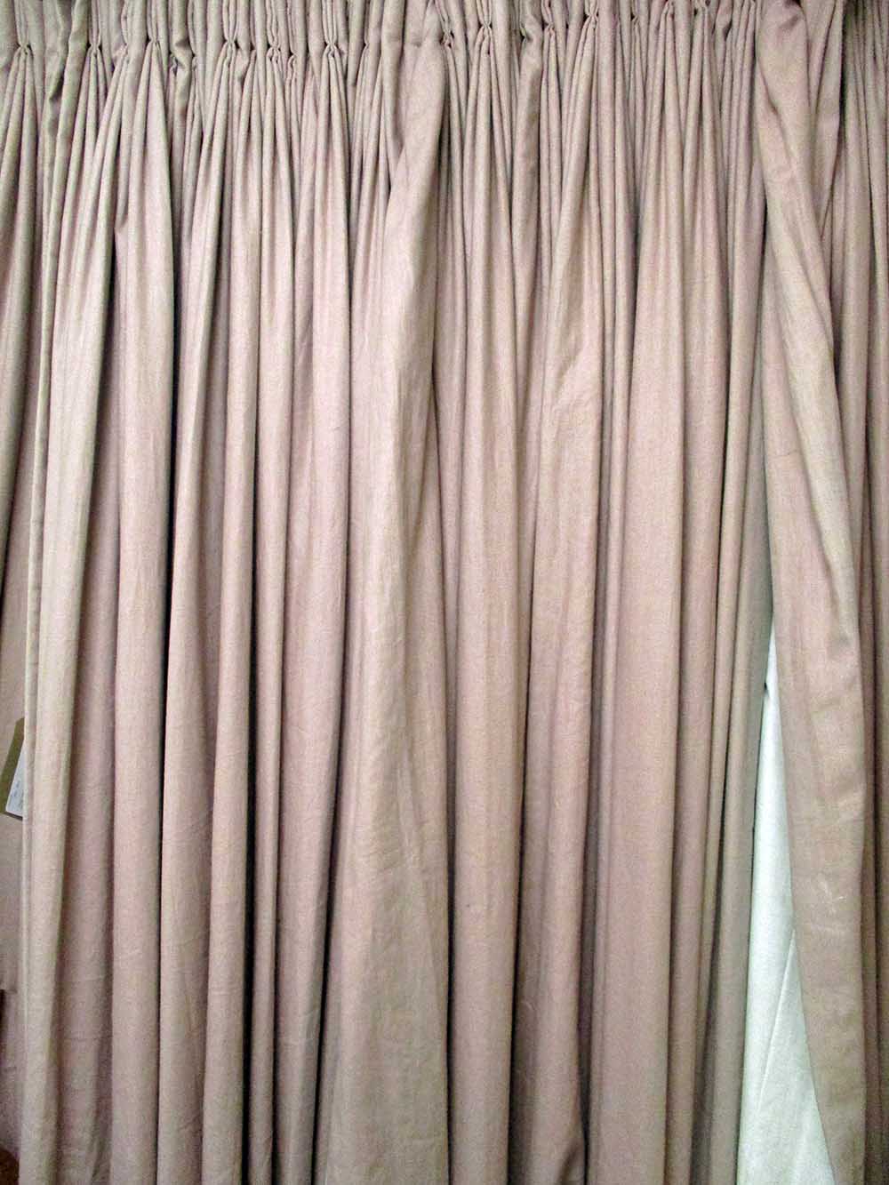 CURTAINS, four individual, lined and interlined, pink putty coloured,