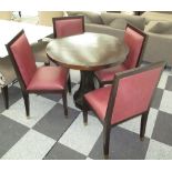 DINING TABLE, 97cm diam., with four burgundy padded chairs on metal frames, 48cm W.