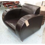 ARMCHAIR, in dark brown leather Art Deco style on square supports.