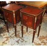 BEDSIDE CHESTS, a pair, Louis XVI style tulipwood, with two drawers and brass mounts,